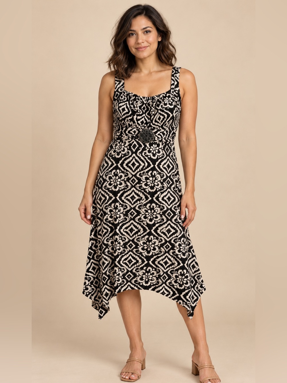 Enfocus Studio Black & Ivory Geometric Handkerchief Hem Dress M (estimated)